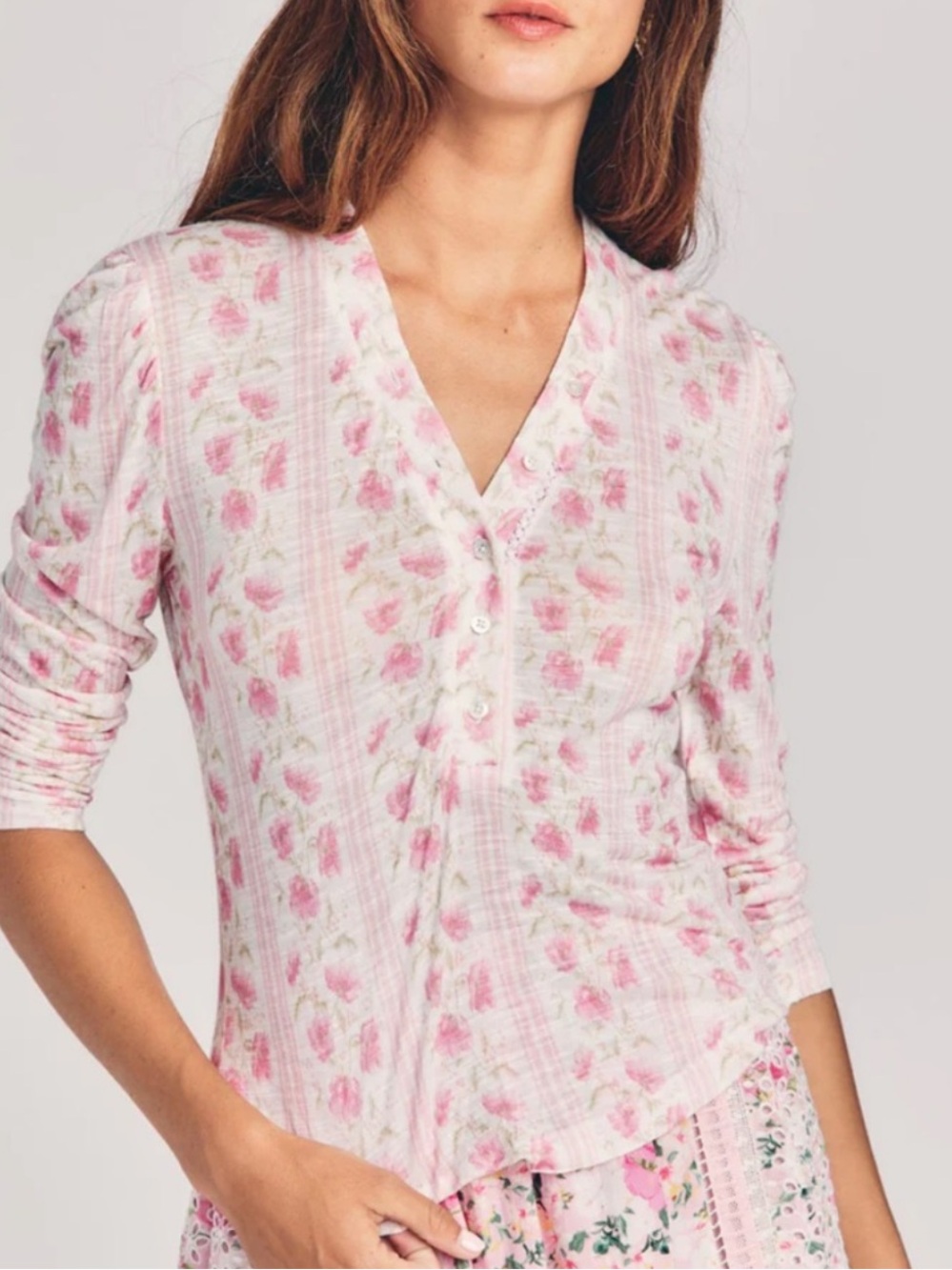 LoveShackFancy Toddy Henley Top Pink Floral V-Neck Size Medium